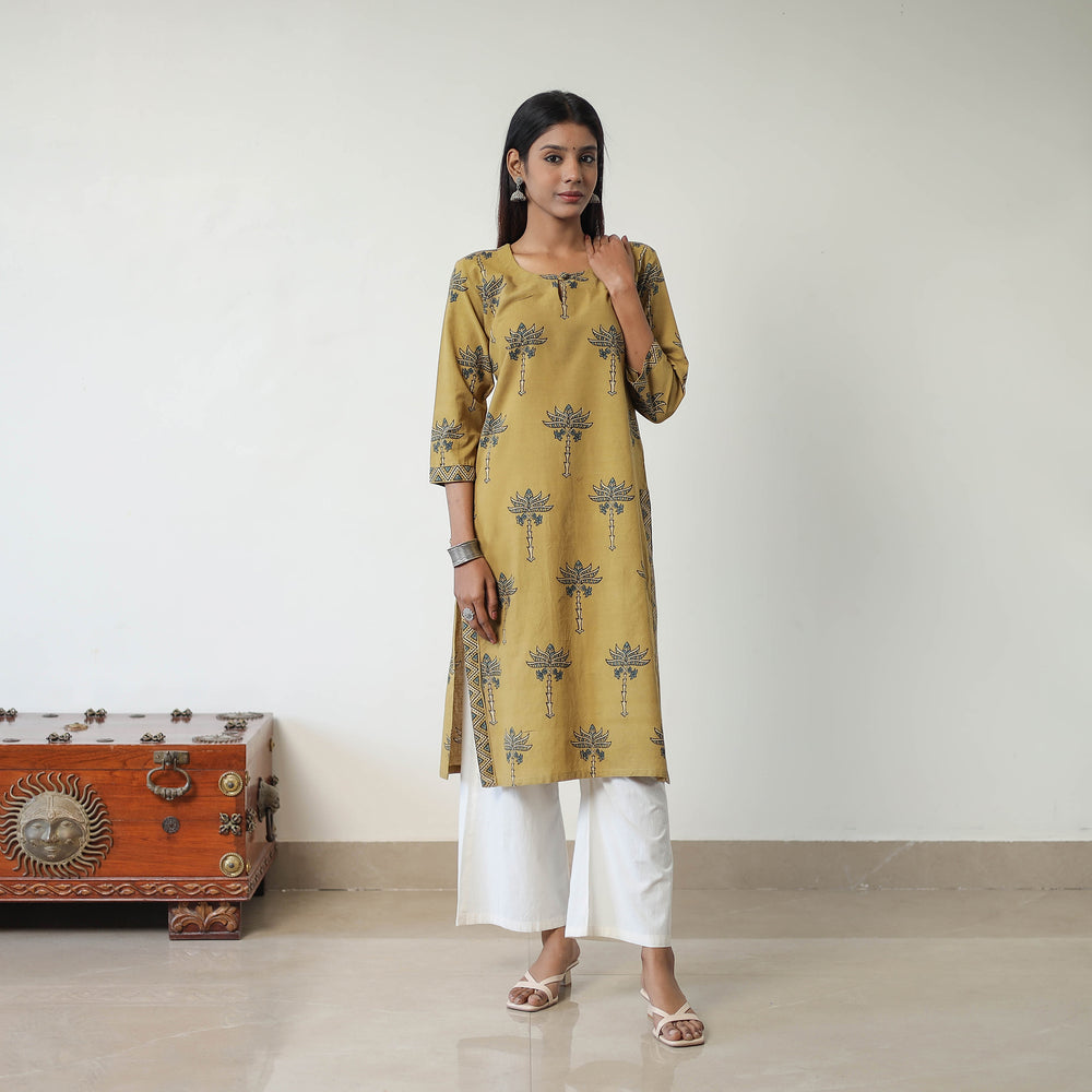 Yellow - Block Printed Cotton Straight Ajrakh Kurta 09