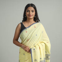 Yellow - Handloom Cotton Phulia Jamdani Saree with Tassels 09