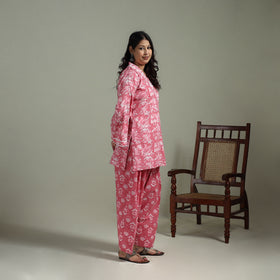 Sanganeri Hand Block Print Cotton Lace Work Short Kurta with Farshi Salwar Set for women 01