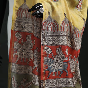 Yellow - Mata Ni Pachedi Handpainted Natural Dyed Chanderi Silk Handloom Dupatta 01