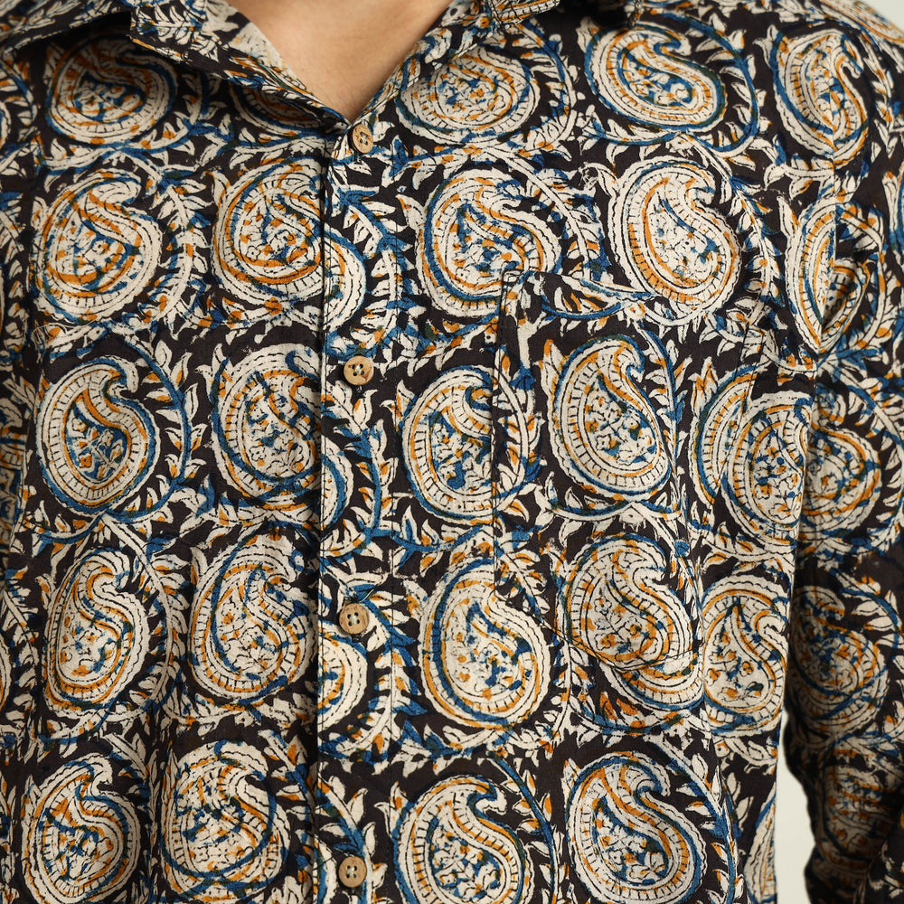 Black - Kalamkari Block Printed Cotton Men Full Sleeve Shirt 11