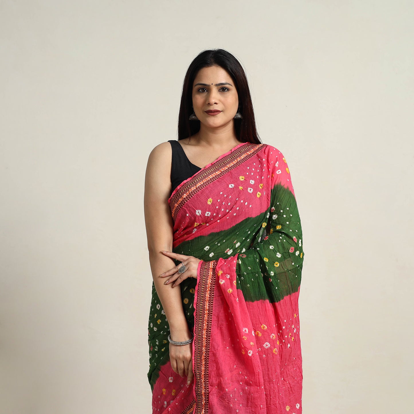 Green - Kutch Tie-Dye Cotton Bandhani Saree with Blouse Piece 23