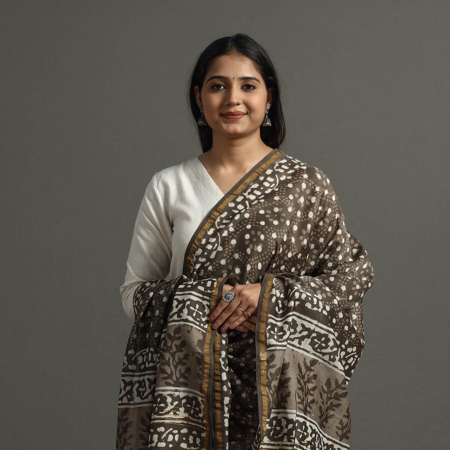 Brown - Block Printed Chanderi Silk Bagru Dupatta 69