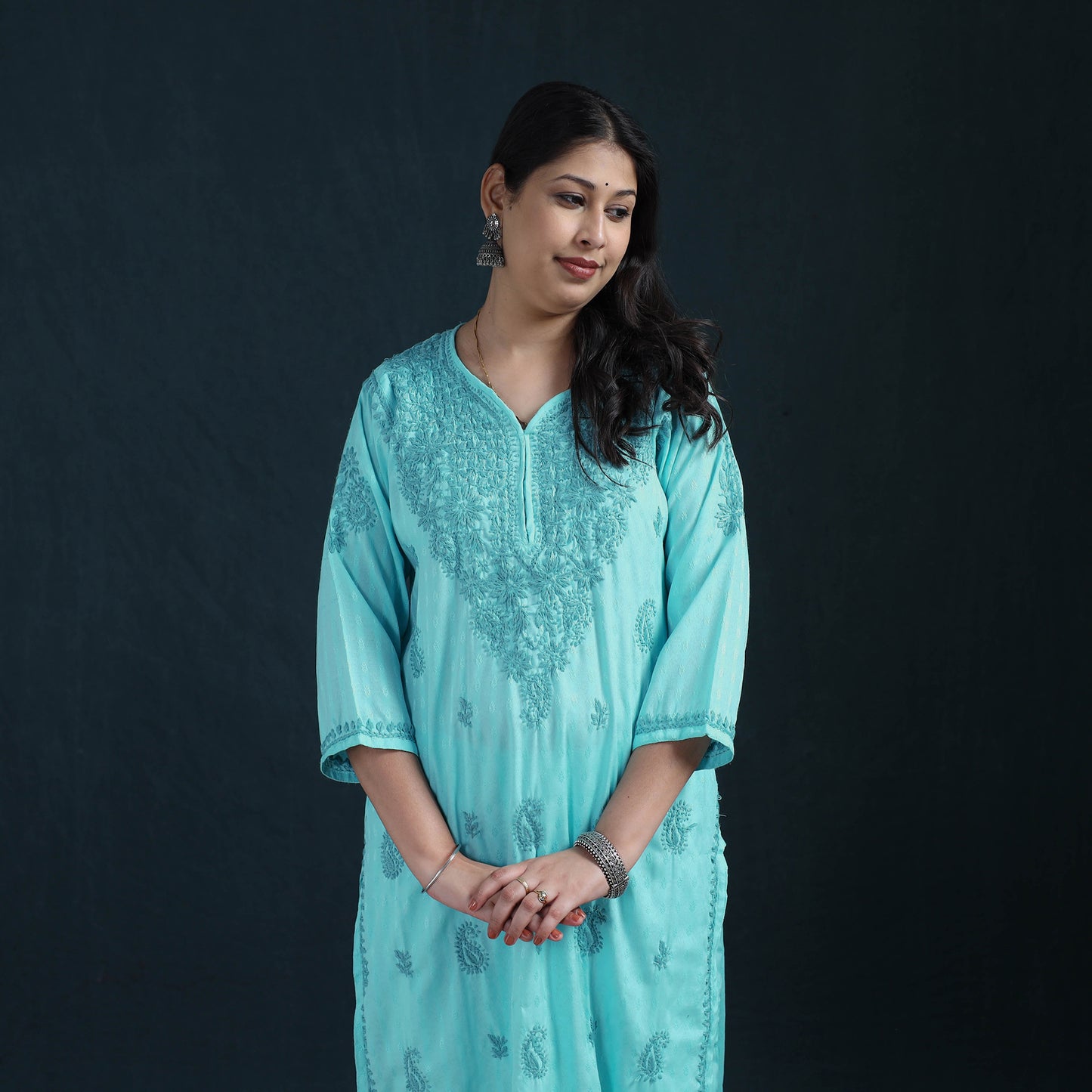Blue - Hand Embroidered Rayon Cotton Chikankari Kurta with Pant Set for Women 38