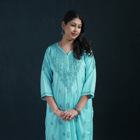 Blue - Hand Embroidered Rayon Cotton Chikankari Kurta with Pant Set for Women 38