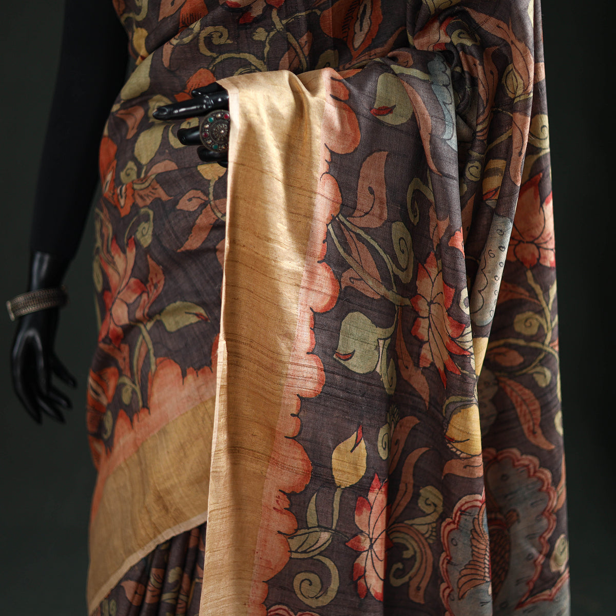 Pure Handloom Desi Tussar Silk Handpainted Srikalahasti Pen Kalamkari Saree with Zari Border 08