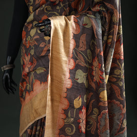 Pure Handloom Desi Tussar Silk Handpainted Srikalahasti Pen Kalamkari Saree with Zari Border 08