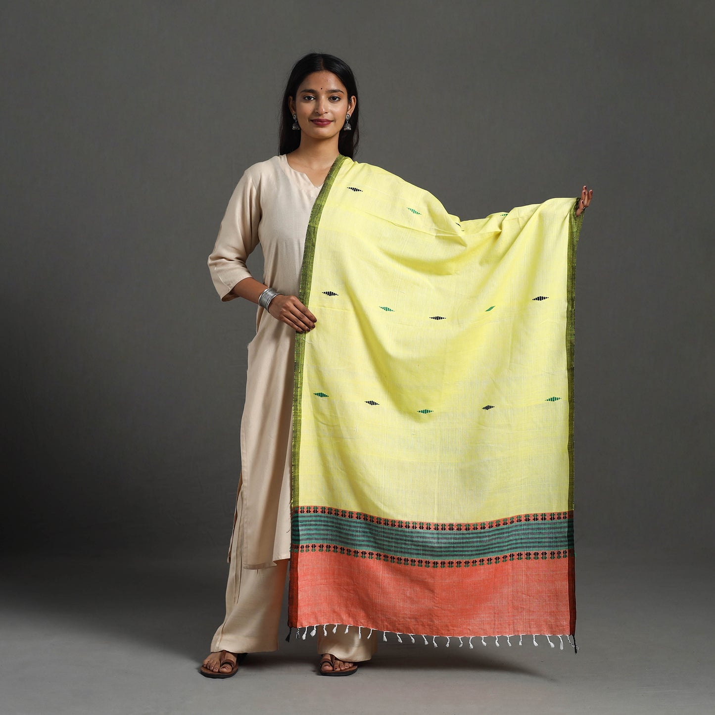 Yellow - Assam Weave Thread Buti Cotton Handloom Dupatta 22