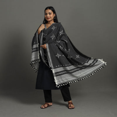 Black - Kutch Bhujodi Weaving Mirror Work Handloom Woolen Shawl 03