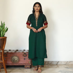 Green - Dharwad Cotton Kurta with Palazzo & Dupatta Set 14