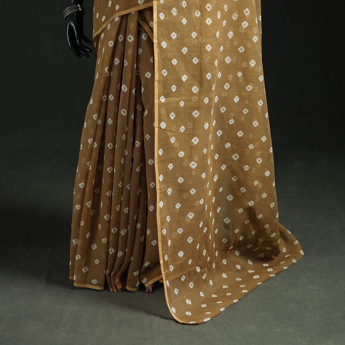 Brown - Bandhani Tie-Dye Kota Doria Cotton Saree 26