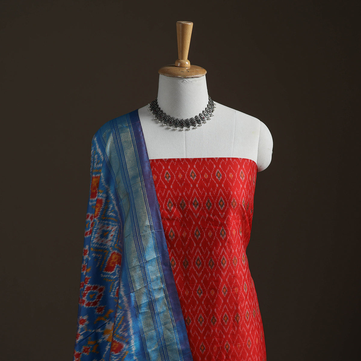 Pochampally Ikat Handloom Sico Unstitched Dress Material: Kurta with Mulberry Silk Dupatta 33