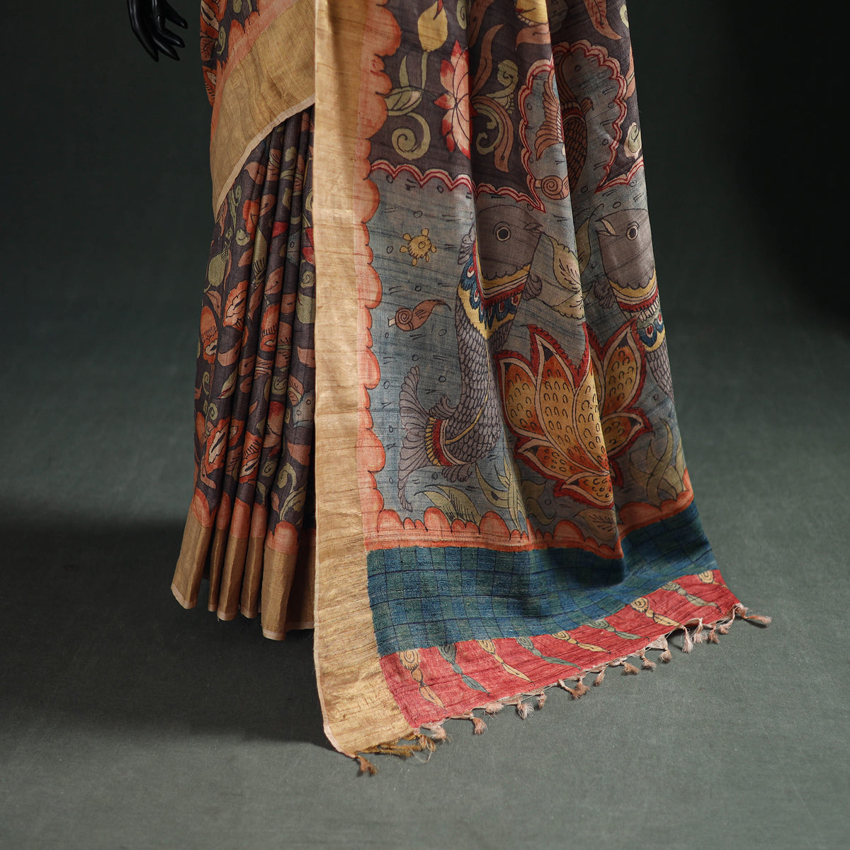 Pure Handloom Desi Tussar Silk Handpainted Srikalahasti Pen Kalamkari Saree with Zari Border 08