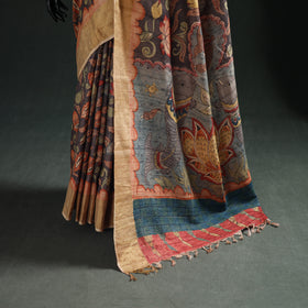 Pure Handloom Desi Tussar Silk Handpainted Srikalahasti Pen Kalamkari Saree with Zari Border 08
