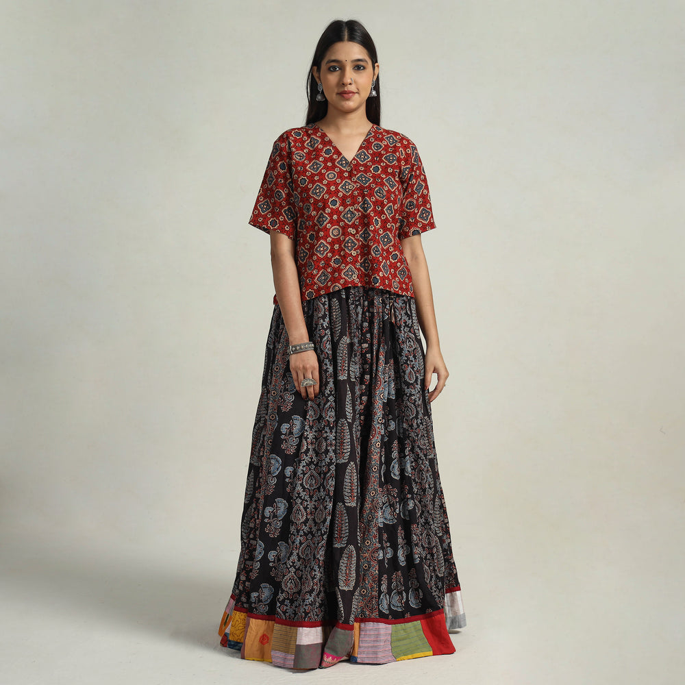 Multicolor - Kutch Block Printed 24 Kali Cotton Long Skirt 09