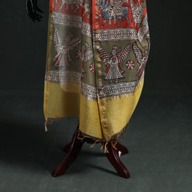 Yellow - Mata Ni Pachedi Handpainted Natural Dyed Chanderi Silk Handloom Dupatta 01