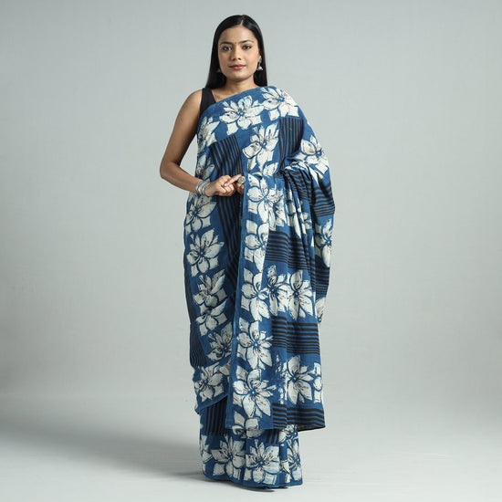 Blue - Bindaas Art Block Printed Natural Dyed Cotton Saree 29