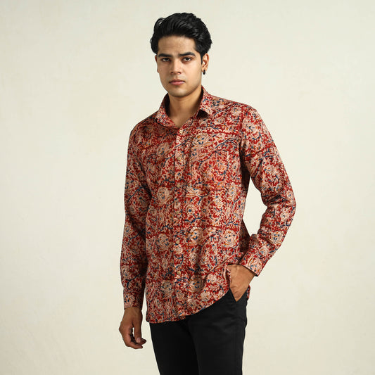 Red - Kalamkari Block Printed Cotton Men Full Sleeve Shirt 12