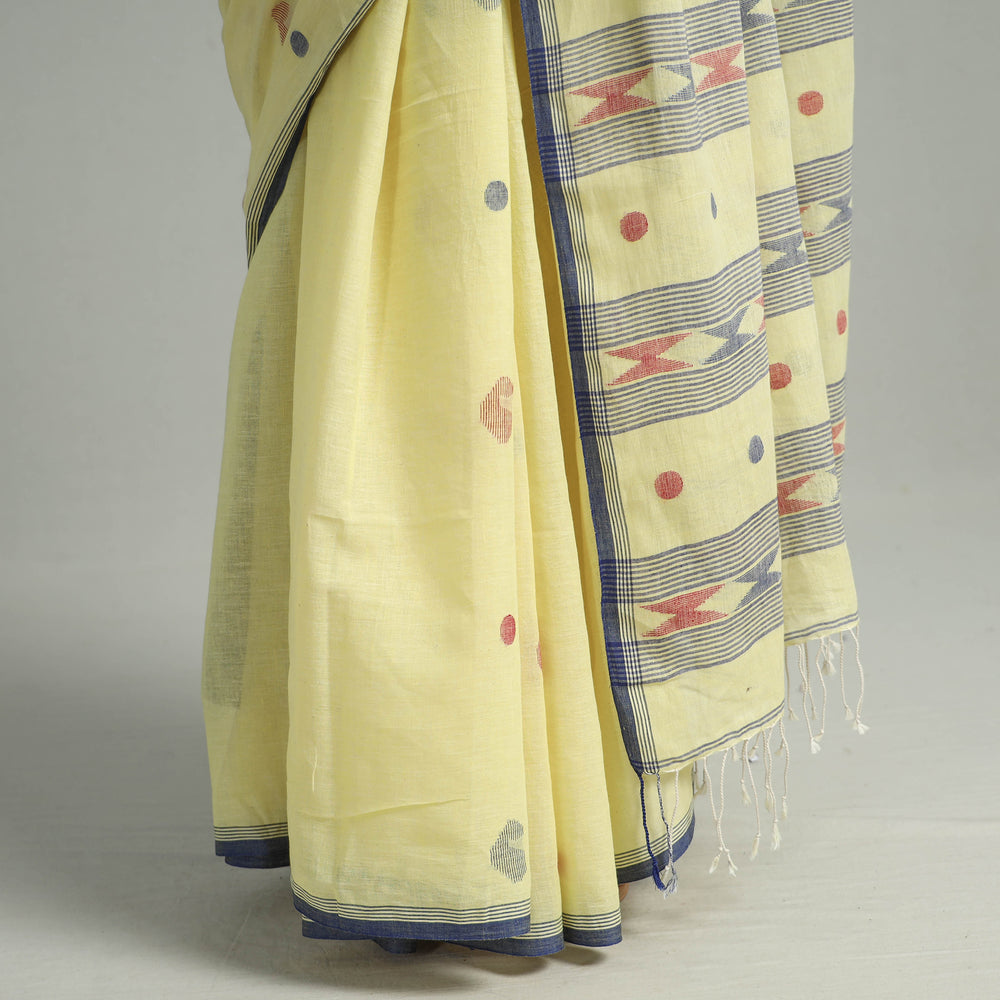 Yellow - Handloom Cotton Phulia Jamdani Saree with Tassels 09