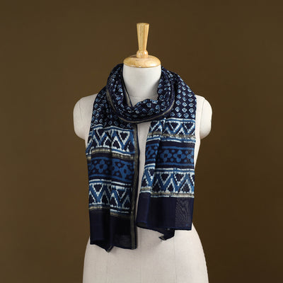 Blue - Pipad Hand Block Print Natural Dyed Chanderi Silk Handloom Stole 26
