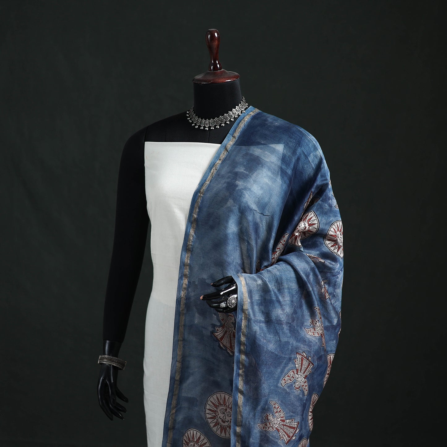 Blue - Mata Ni Pachedi Handpainted Natural Dyed Chanderi Silk Handloom Dupatta 02