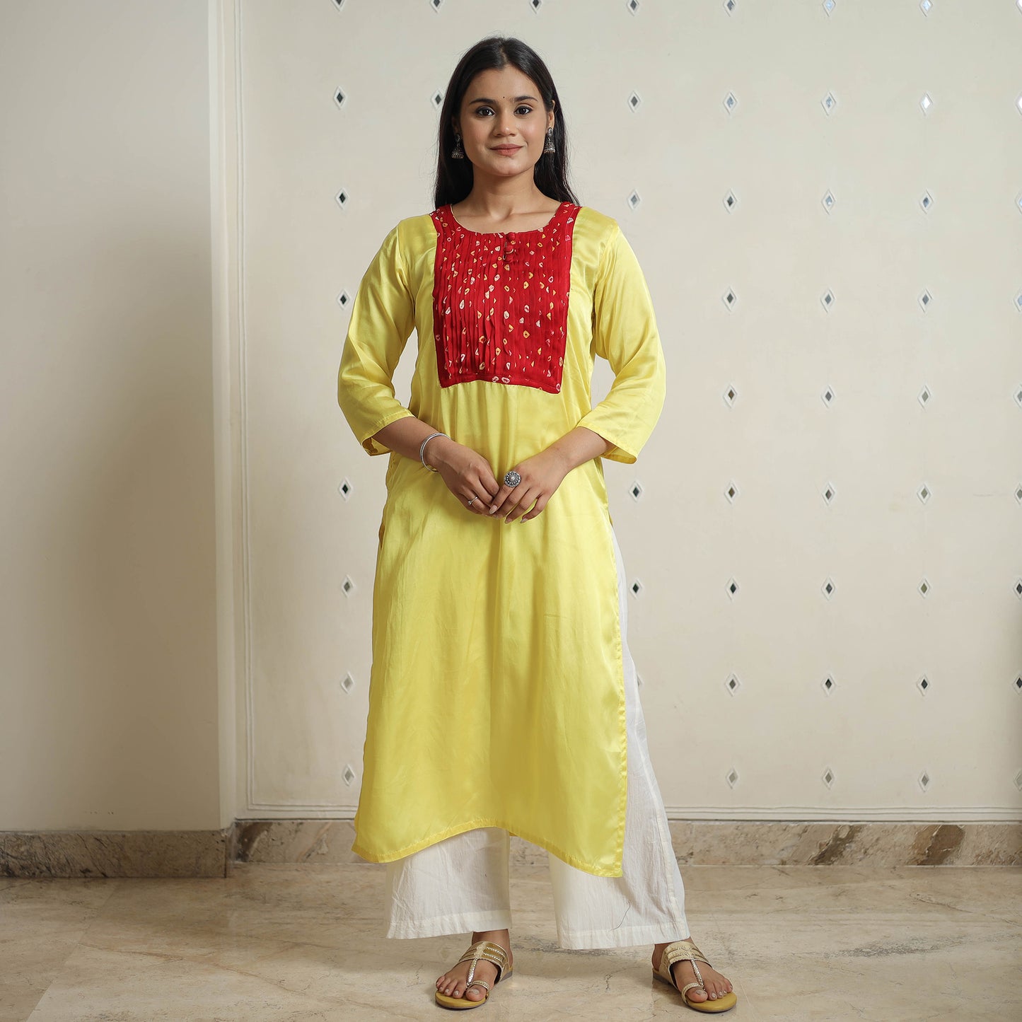 Yellow - Plain Modal Silk Straight Kurta with Bandhani Pintuck Patchwork 02