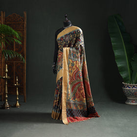 Pure Handloom Desi Tussar Silk Handpainted Srikalahasti Pen Kalamkari Saree with Zari Border 09