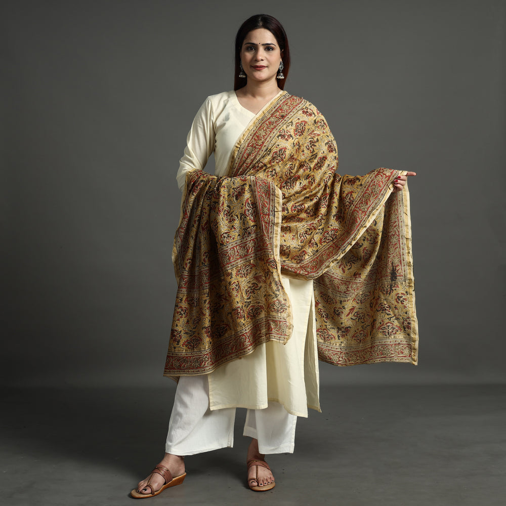 Yellow - Pedana Kalamkari Block Printed Handloom Chanderi Silk Dupatta with Zari Border 66