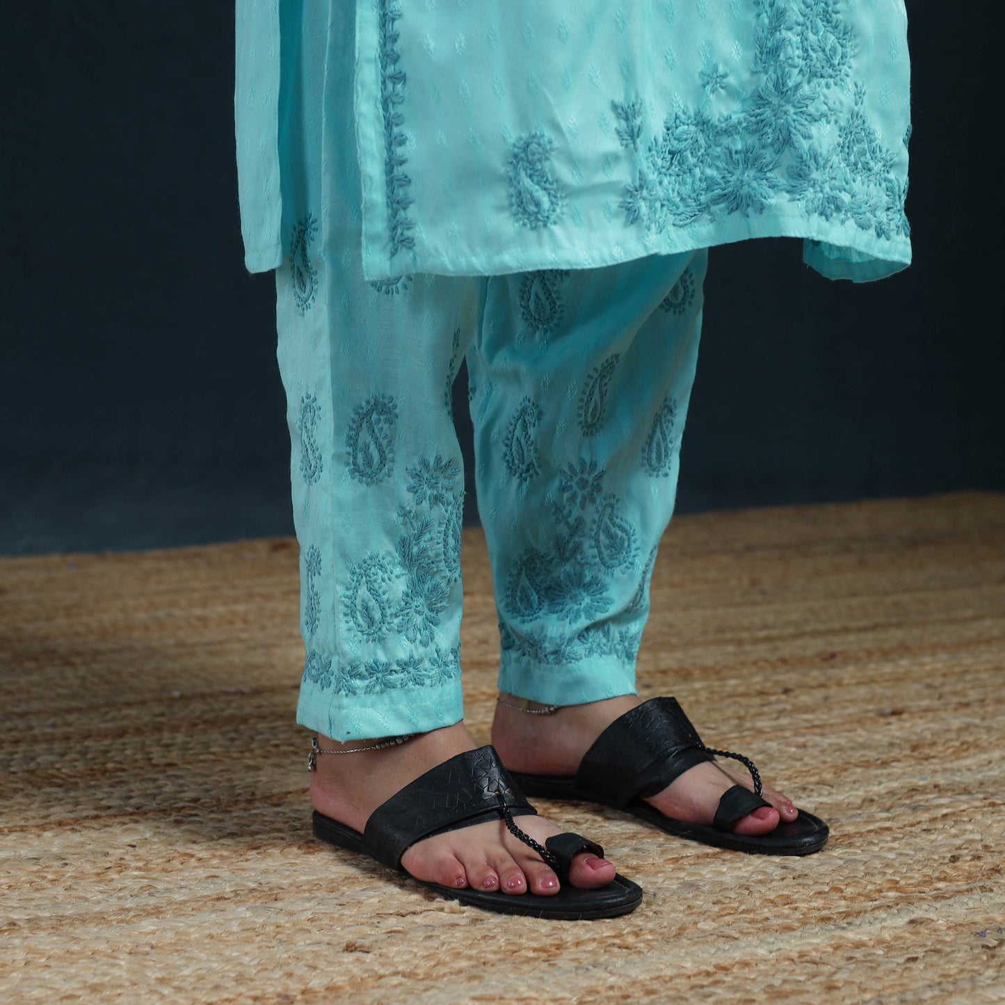 Blue - Hand Embroidered Rayon Cotton Chikankari Kurta with Pant Set for Women 38