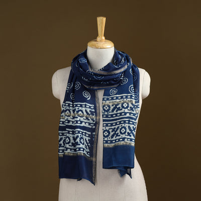Blue - Pipad Hand Block Print Natural Dyed Chanderi Silk Handloom Stole 27