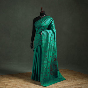 Green - Bengal Nakshi Kantha Hand Embroidered Silk Saree 56
