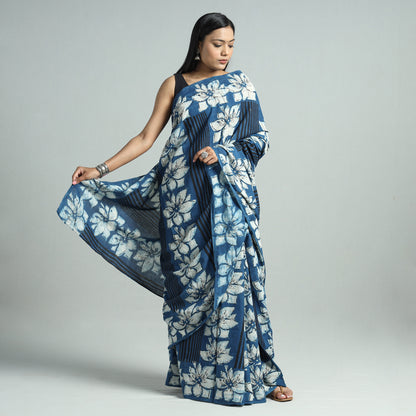 Blue - Bindaas Art Block Printed Natural Dyed Cotton Saree 29