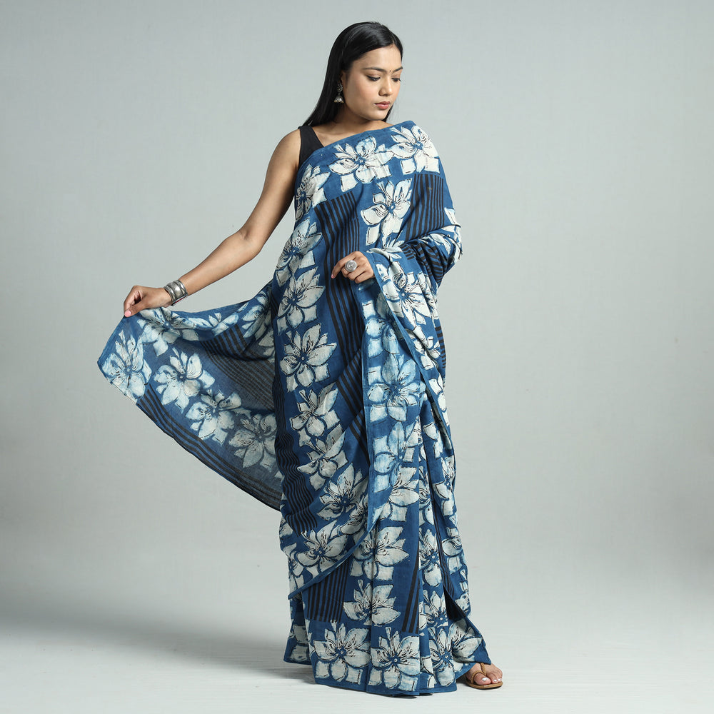 Blue - Bindaas Art Block Printed Natural Dyed Cotton Saree 29