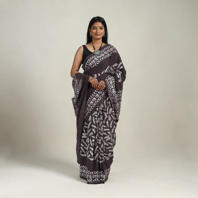  Cotton Brown Hand Batik Print Saree 