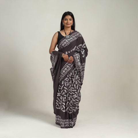 Brown - Cotton Hand Batik Print Saree 11