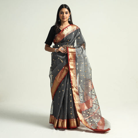 Grey - Traditional Chanderi Katan Silk Handloom Saree with Nakshi Zari Border & Buti