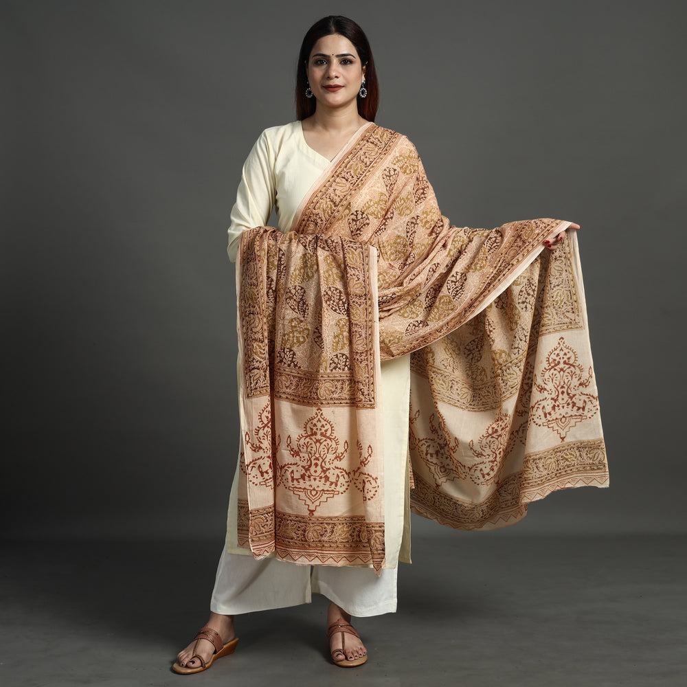 Beige - Pedana Kalamkari Block Printed Cotton Dupatta 155