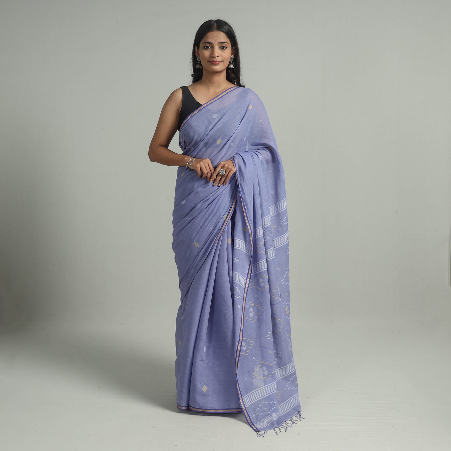 Purple - Handloom Cotton Phulia Jamdani Saree with Tassels 10