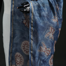 Blue - Mata Ni Pachedi Handpainted Natural Dyed Chanderi Silk Handloom Dupatta 02