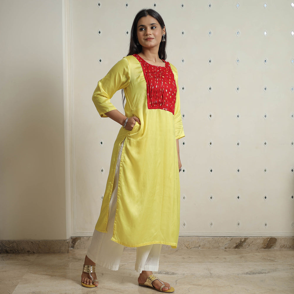 Yellow - Plain Modal Silk Straight Kurta with Bandhani Pintuck Patchwork 02