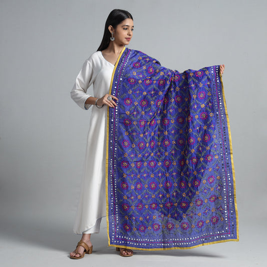 Blue - Ranihati Chanderi Silk Chapa Work Phulkari Embroidered Dupatta 14