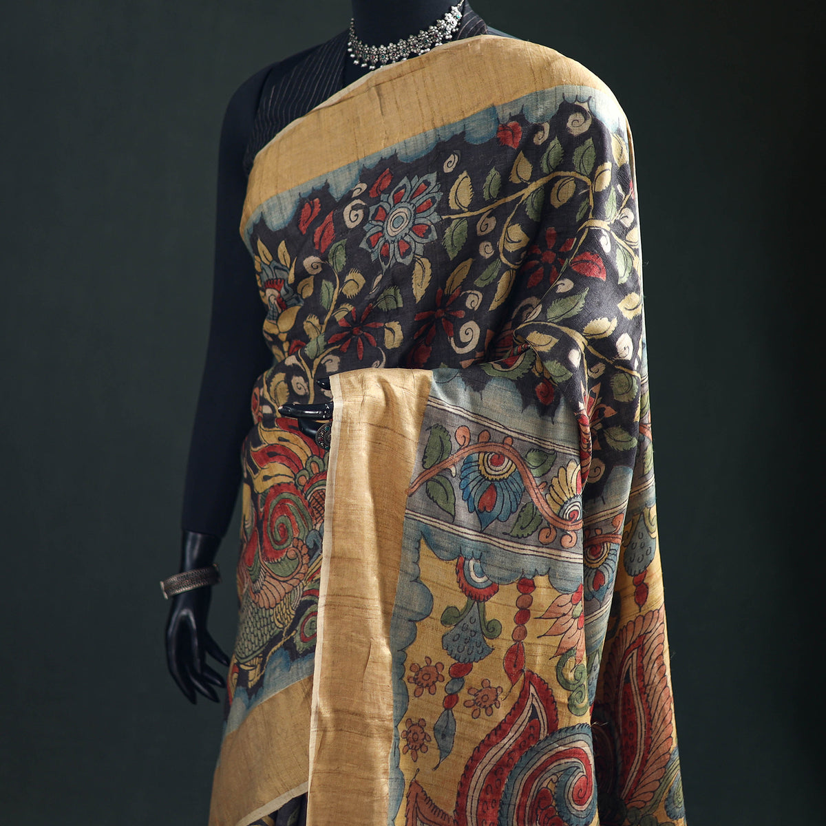 Pure Handloom Desi Tussar Silk Handpainted Srikalahasti Pen Kalamkari Saree with Zari Border 09