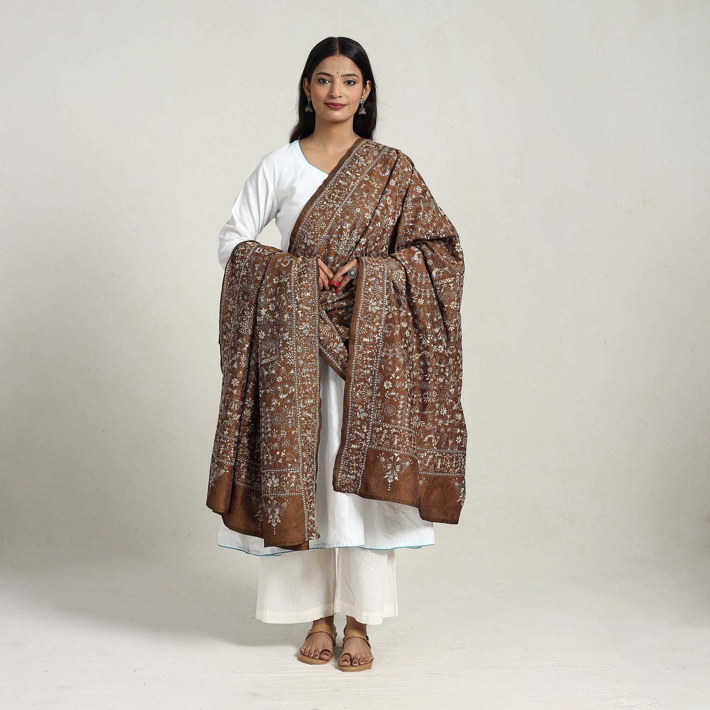 Brown - Pure Silk Bengal Kantha Embroidery Dupatta 22