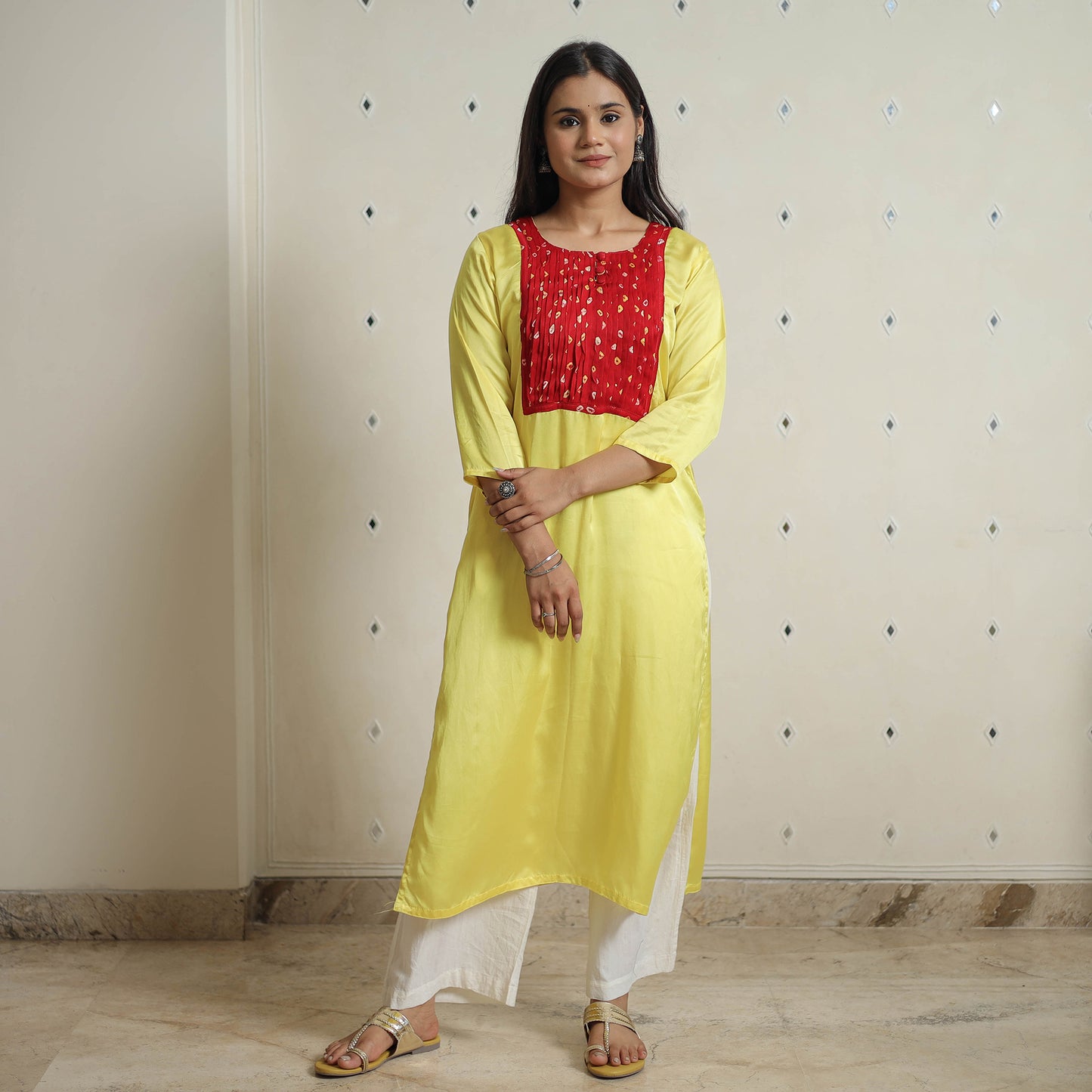 Yellow - Plain Modal Silk Straight Kurta with Bandhani Pintuck Patchwork 02