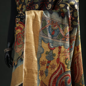 Pure Handloom Desi Tussar Silk Handpainted Srikalahasti Pen Kalamkari Saree with Zari Border 09