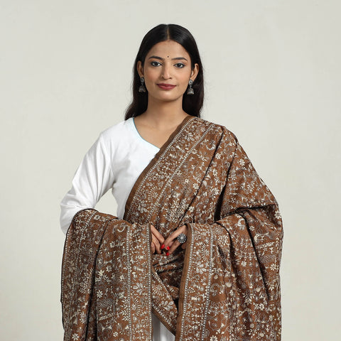 Brown - Pure Silk Bengal Kantha Embroidery Dupatta 22