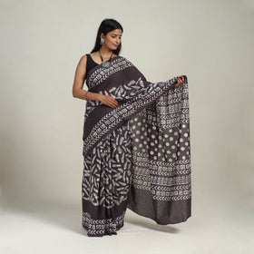  Cotton Brown Hand Batik Print Saree 