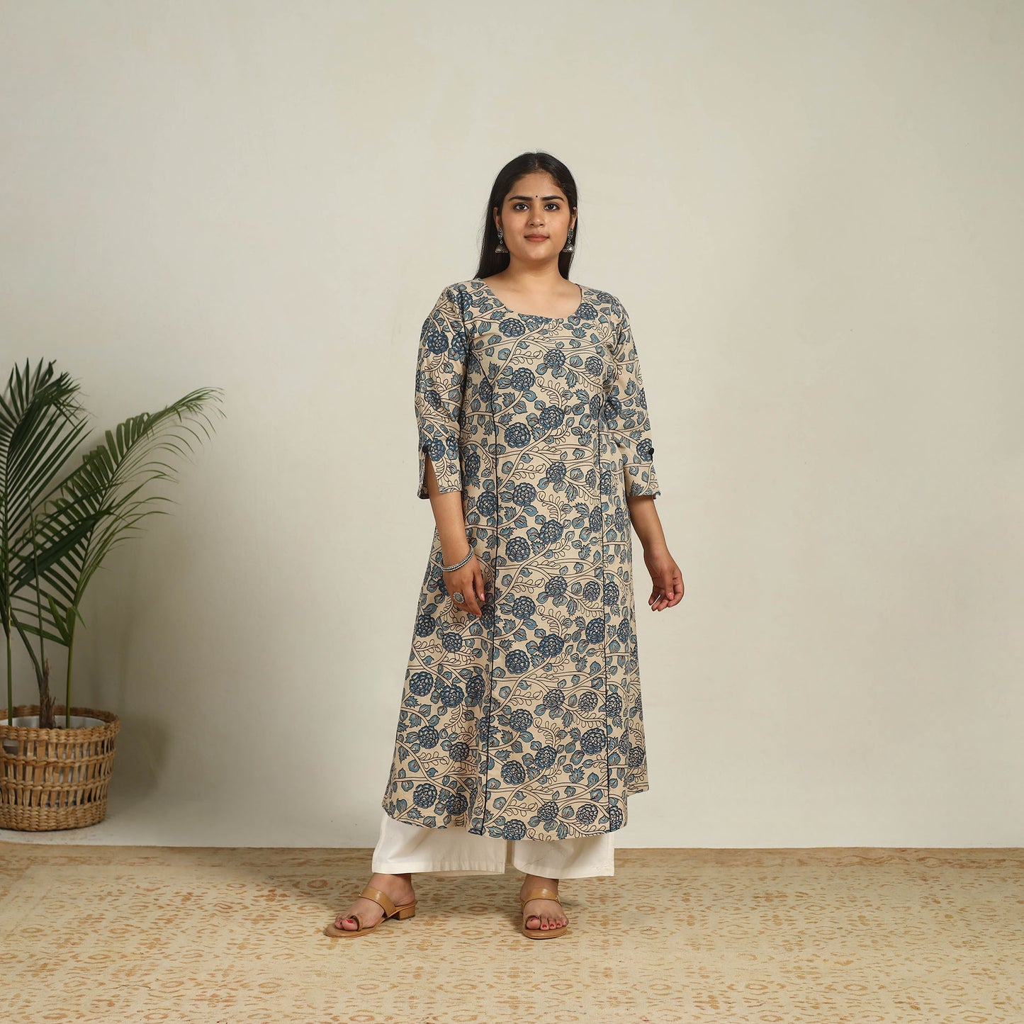 Beige - Printed Cotton A-Line Kalamkari Kurta 04