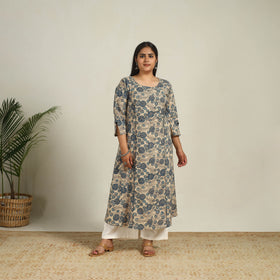 Beige - Printed Cotton A-Line Kalamkari Kurta 04