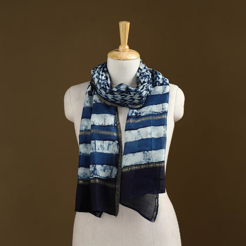 Blue - Pipad Hand Block Print Natural Dyed Chanderi Silk Handloom Stole 28